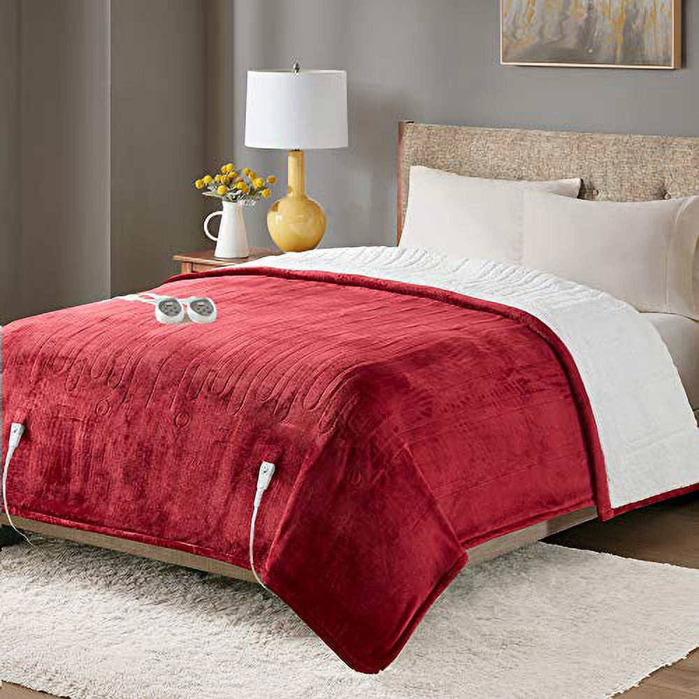 Sherpa Soft Dual Control Electric Blanket King Size Heating Blankets Washable 1 10 Hour Automatic Shut Off Double Zone 20 Heat Settings 100 X 90 Red Walmart