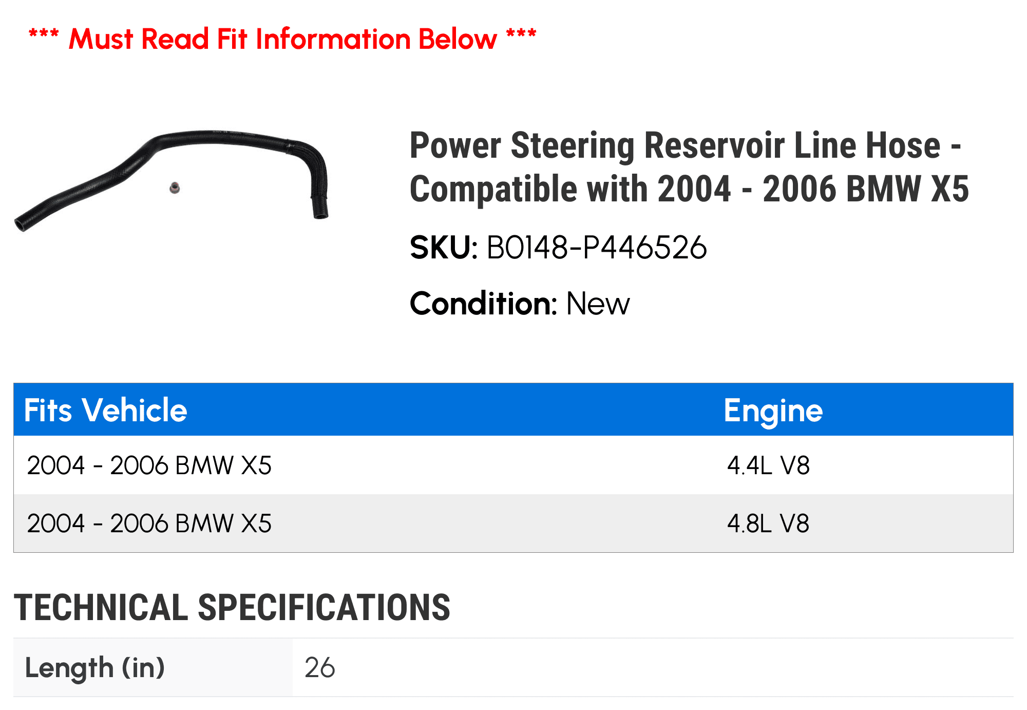 Power Steering Reservoir Line Hose - Compatible with 2004 - 2006 BMW X5 2005