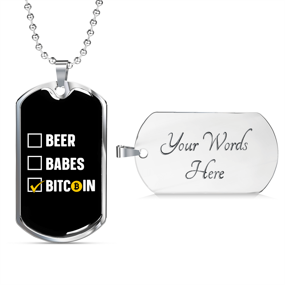 Beer Babes Bitcoin Crypto White Necklace Stainless Steel or 18k Gold Dog  Tag 24