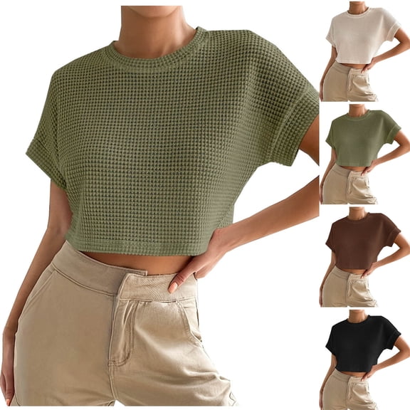 Crop Tops for Women Short Sleeve Waffle Knitted Blouse Solid Color Lightweight Crewneck Casual Summer Sweaters (XS, Green)