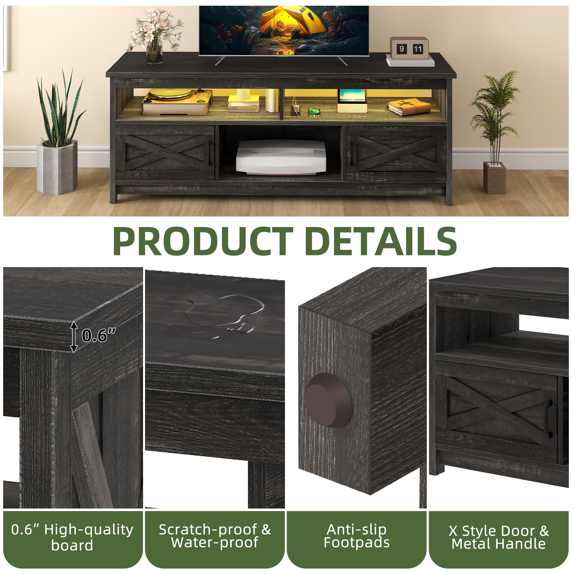 Uforic 65" Farmhouse TV Stand for 60/65 Inch TV with Power Outlet,Entertainment Center TV Console with LED Light, Dark Gray