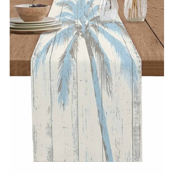 Ldtrchee Blue Palm Tree Table Runner 60 Inches, Tropical Beach Antique Wood Grain Summer Bed Runner Dresser Scarves Tabletop for Indoor Outdoor Parties/Ceremony/Banquet, 13" x 60"