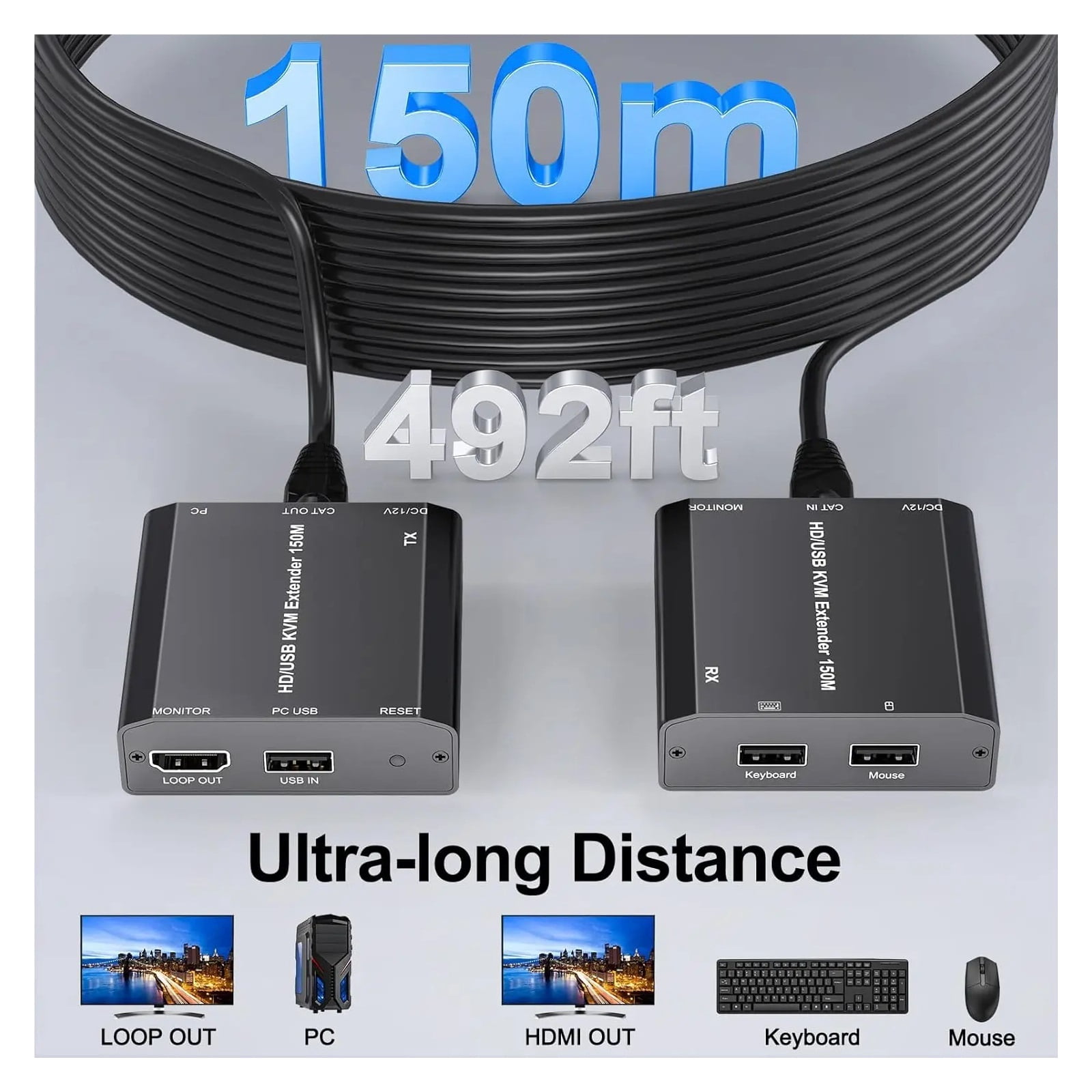 USB KVM Extender Over Cat 6/7 1080P@60Hz KVM Extender 150M/492FT