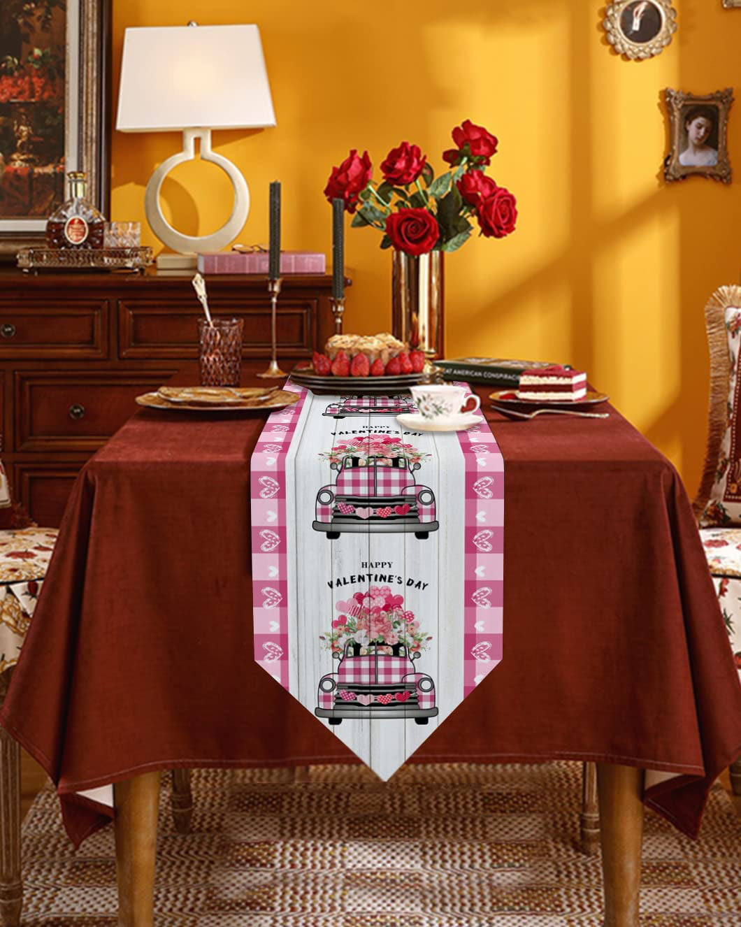 Meet 1998 Cotton Linen Table Runners Valentine's Day Love Heart Tablecovers for Kitchen Garden Wedding Parties Dinner Indoor Outdoors Home Decorations Red 13x90 inches