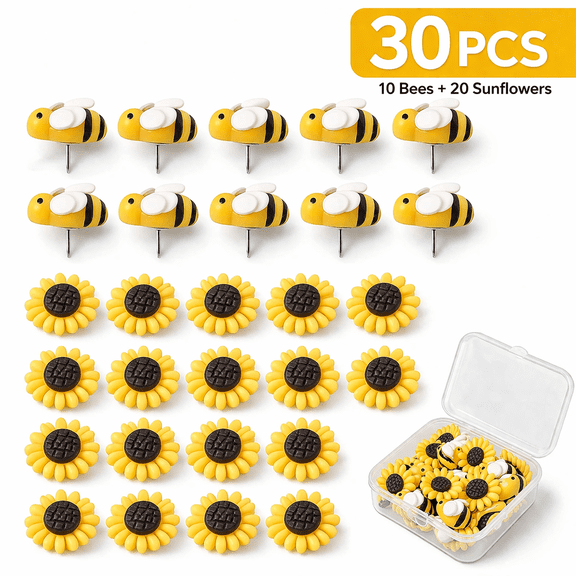 HUIANER 30 Pcs Resin Sunflower Bee Push Pins Thumb Tacks Cork Board Decorative Push Pins
