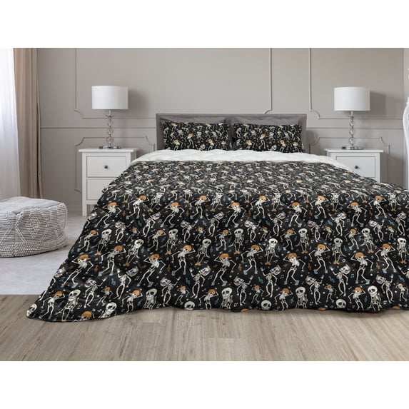 Skeleton Comforter & Sham Bedding Set, Humorous Dancing Halloween Party Musical Notes and Stars, 3 pcs Duvet Set Microfiber Filling Quilt, 5 Sizes, Charcoal Grey Multicolor, by Ambesonne
