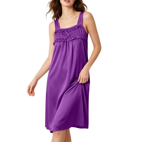 ZyeKqe Nightgown for Women Sleeveless Ruffled Bow Lightweight Loose Comfy Casual Loungewear Sleep Shirts Midi Dress