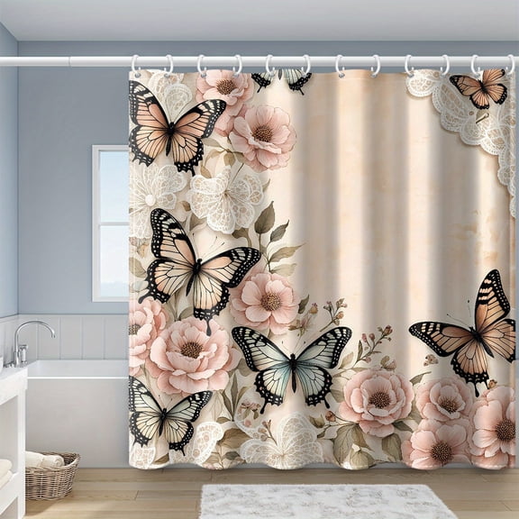 Vintage Pink Peony Butterfly Lace Shower Curtain with Hooks, Soft Floral Bathroom Decor, Romantic Bath Curtain36 x 70 inches