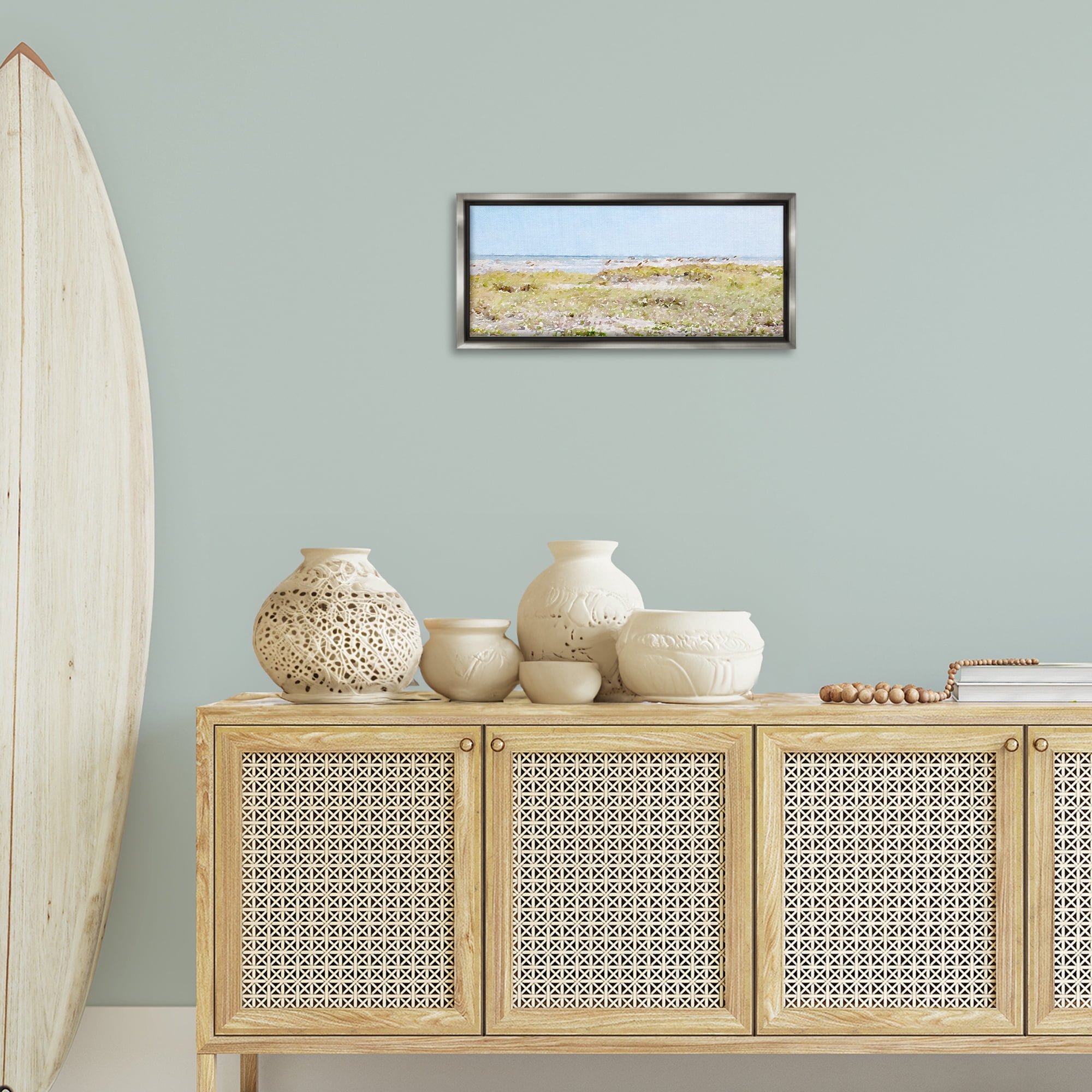 Stupell Industries Eastern Beach Grass Landscape Painting Gray Floater Framed Canvas Art Print Wall Art, 25 x 11