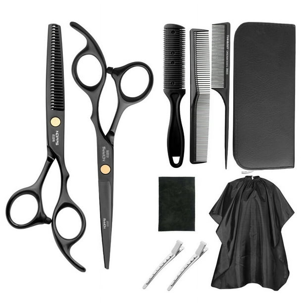 Juego de 11 piezas de tijeras de peluquería para el hogar, color negro, tijeras de dientes planos, tijeras para el cabello