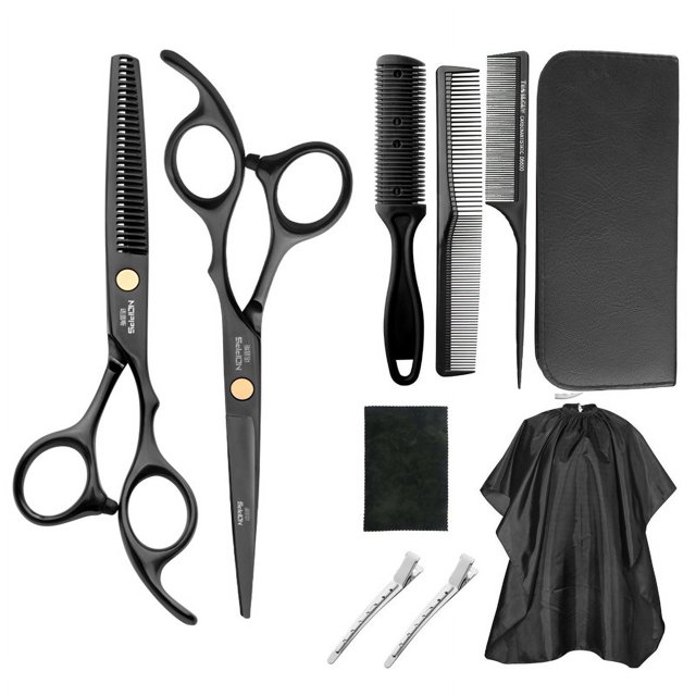 Juego de 11 piezas de tijeras de peluquería para el hogar, color negro, tijeras de dientes planos, tijeras para el cabello