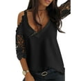 thumbnail image 3 of DYMADE Women's Lace V-Neck 3/4 Sleeve Lace Stitching Hollow Cold Shoulder Blouse, 3 of 3