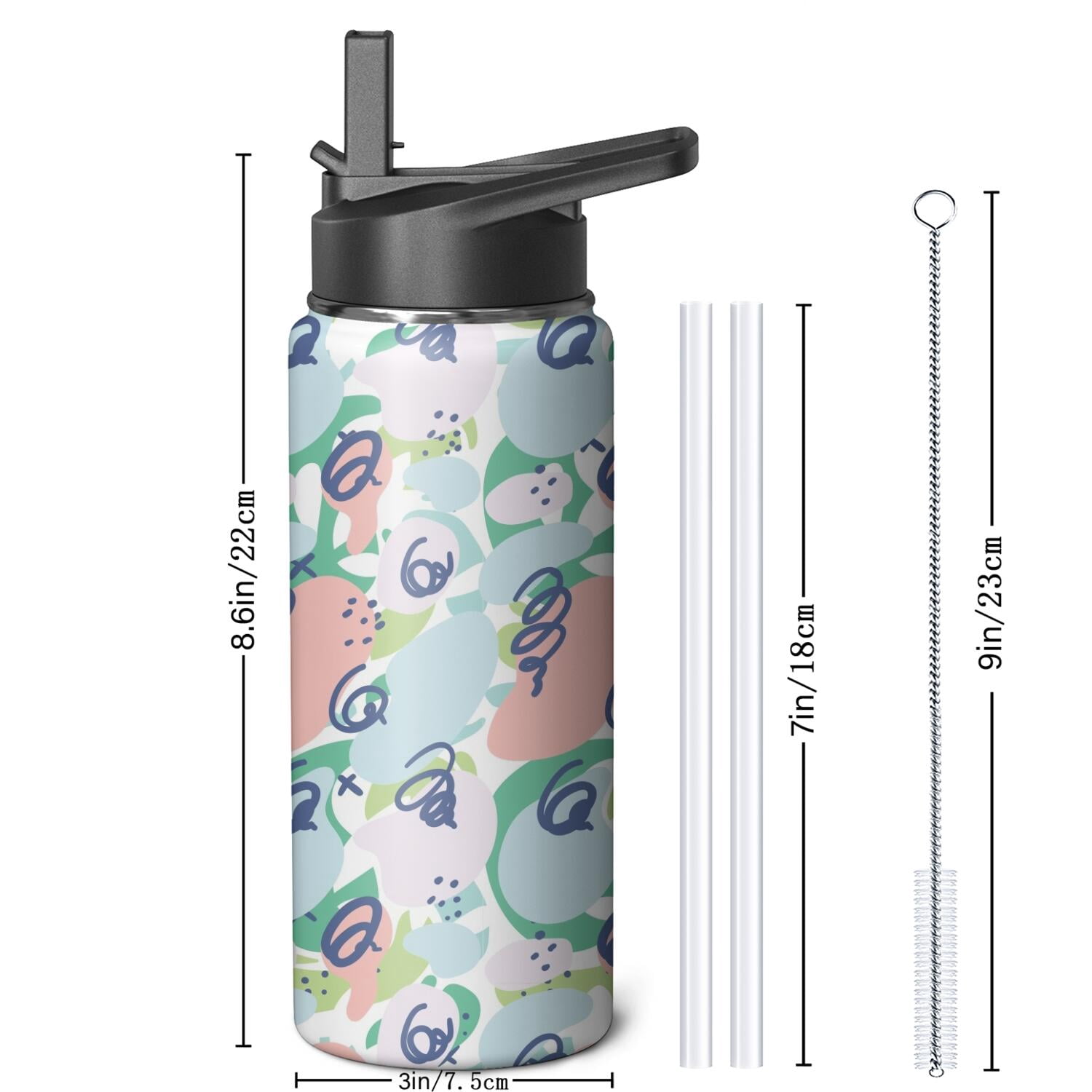 Modern 18 oz Insulated Stainless Steel Water Bottle with Straw & Cleaning Brush , Leakproof, BPA-Free, 304 Stainless Steel, Wide Mouth, Travel Mug for Car, Gym, Office