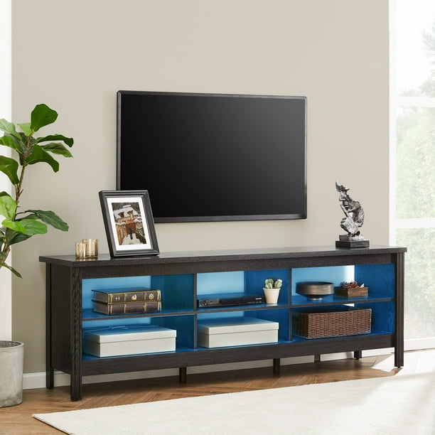 Black LED TV Stand for 75 Inch TV, Farmhouse TV with 6 Storages