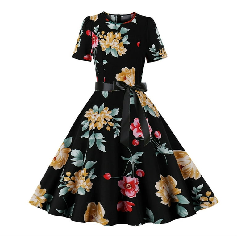 Clearance-Sale Summer Dress for Women 2023 Short Sleeve Printing Floral  Pattern Dress Boat Neck Midi Fit And Flare Casual Formal Elegant Party Club