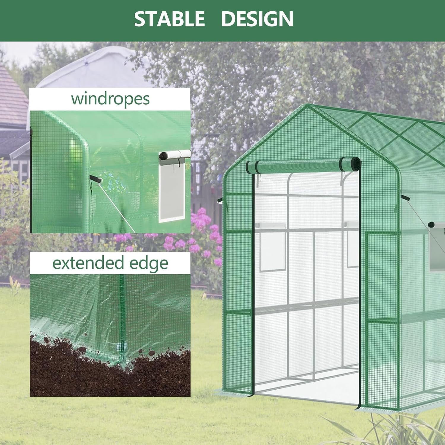 Riedhoff 85 x 57 x 77" Walk-in Greenhouse, Mesh Side Windows, Zipper Door & 8 Tier Shelves, Green