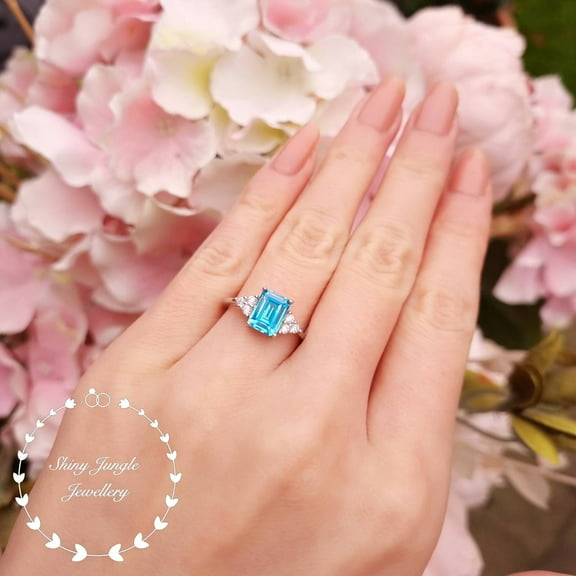 Emerald Cut Swiss Blue Topaz Engagement Ring, Three Stone Set 5 Ctw mm Sky Blue Topaz Promise Ring