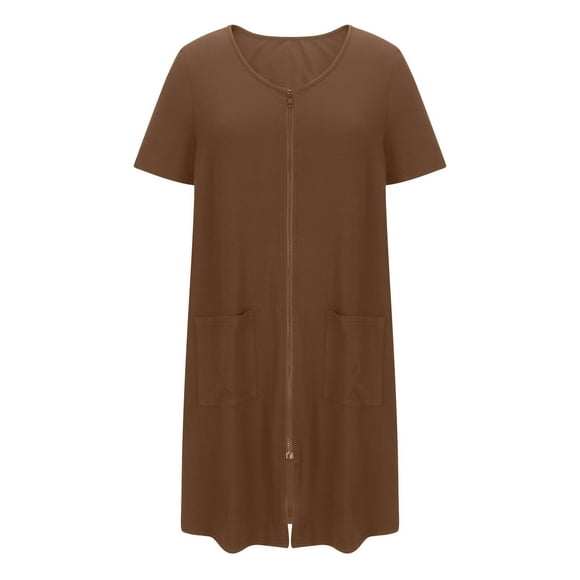 HUJlwoi Women Sleepshirt Casual Short Sleeve Nightshirt Zip up Loose Robe Nightgown Above the Knee Housecoat with Pockets