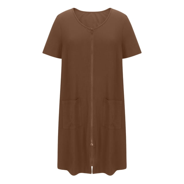 Kaemgyyd Robes à Fermeture Éclair pour Femmes Été Manches Courtes Col Rond Peignoirs Courts Légers Doux avec Poches