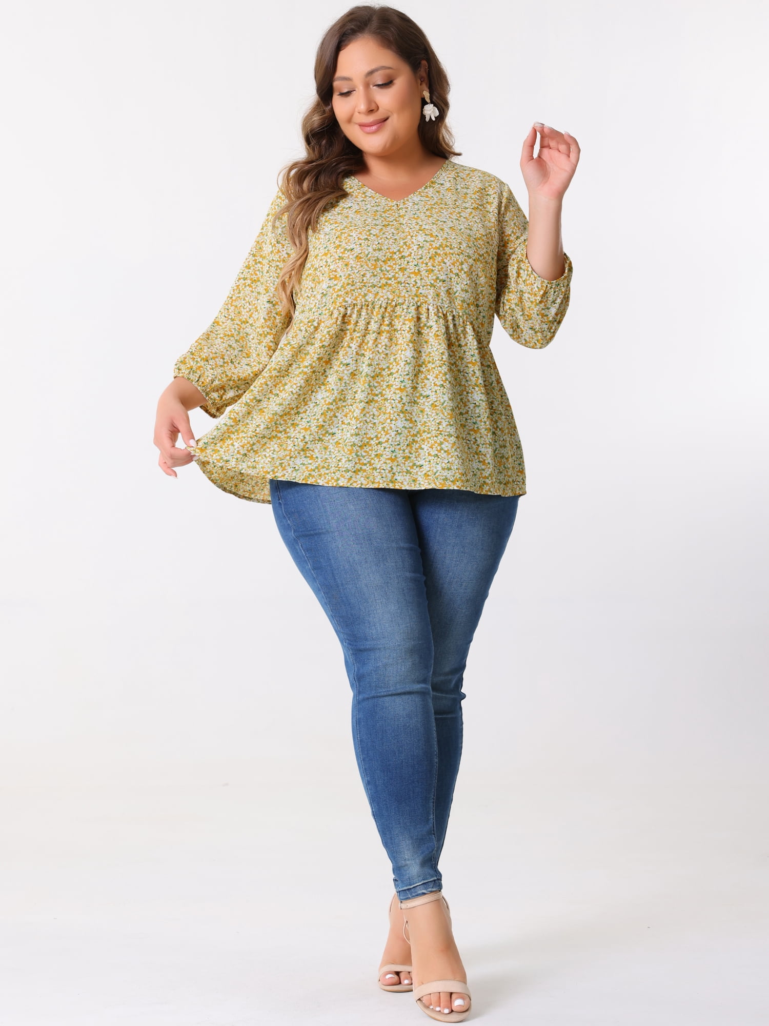 Unique Bargains Women's Plus Size V Neck Flowy 3/4 Sleeve Floral Blouse 2X Yellow