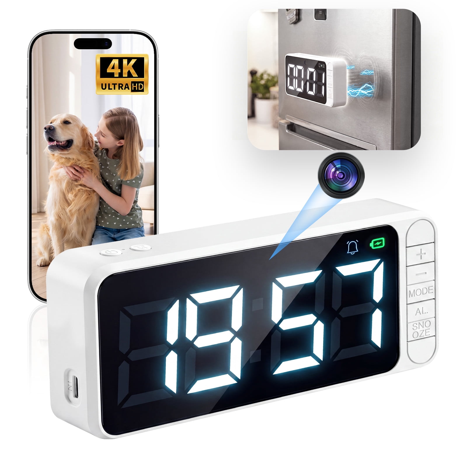 Hidden Camera Clock 4K WiFi Spy Camera with Remote View, Motion Alerts 1080P Night Vision, 10–15H Battery, Loop Recording for Home, Office & Indoor Use