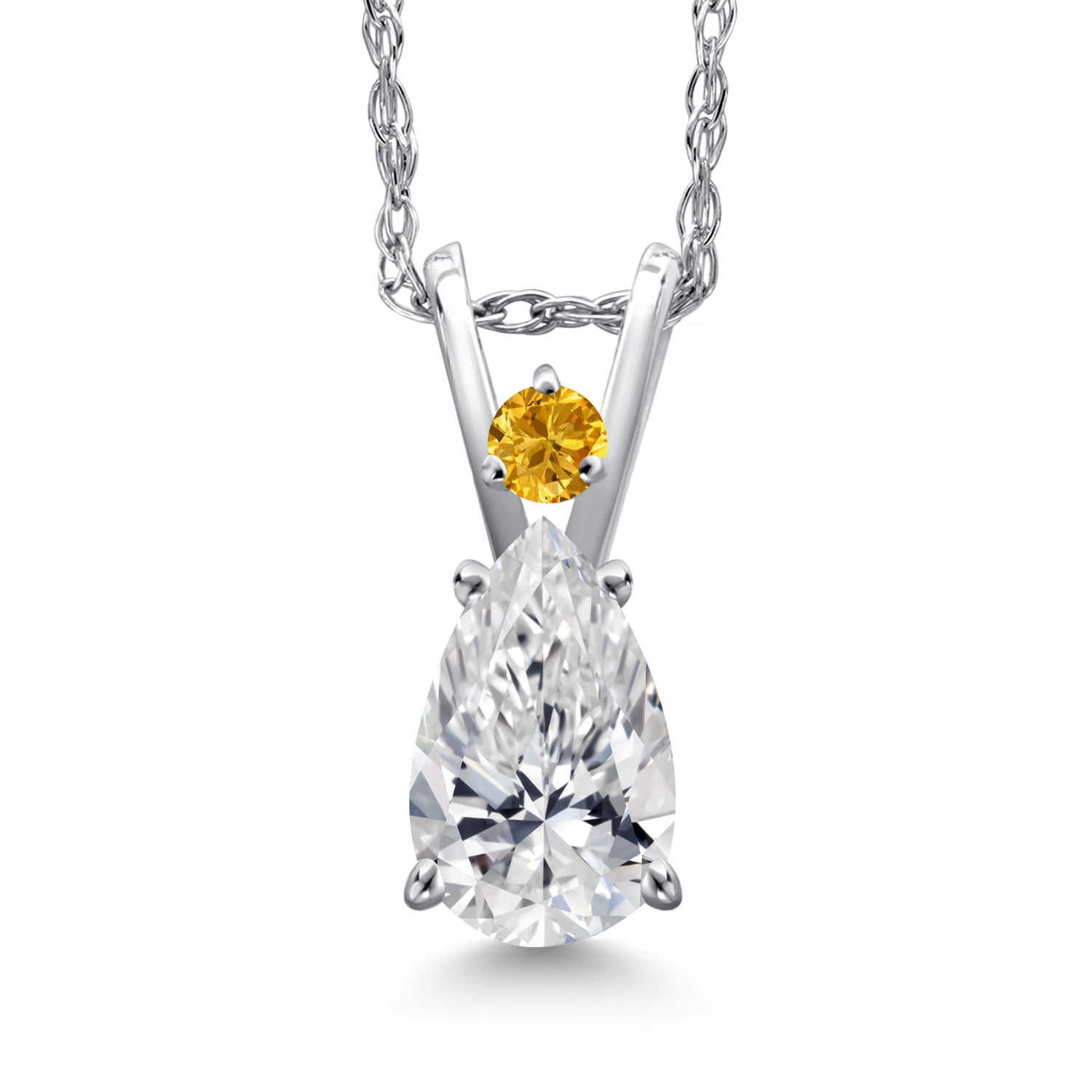 Gem Stone King 14K White Gold DEF Lab Grown Diamond and Yellow Created Sapphire Pendant Necklace for Women | 0.57 Cttw | Gemstone April Birthstone | Pear Shape 7X5MM | With 18 inch Chain