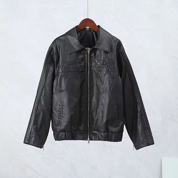 LOVZFMLL Jackets for Women Fashionable Bow Embroidered Leather Jacket Long Sleeved Hooded Leather Jacket/Jacket