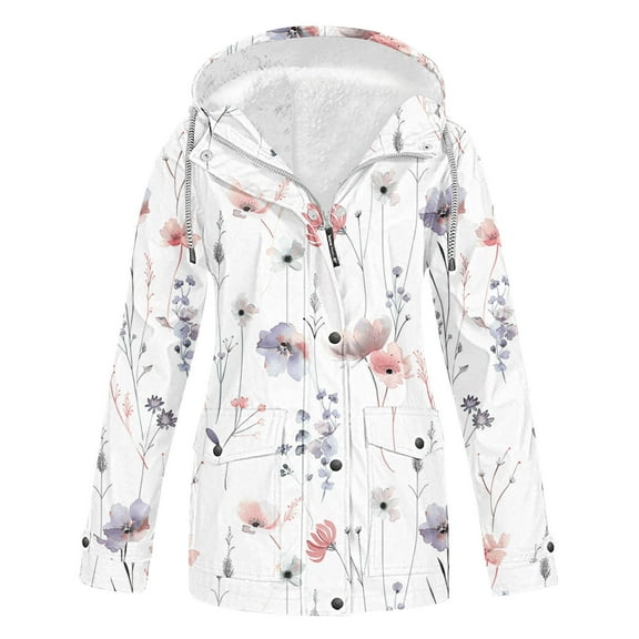 Fartey Floral Rain Jacket for Women Plus Size Waterproof Warm Coats Lightweight Outdoor Long Sleeve Windbreaker Winter Fleece Lined Jackets with Pockets