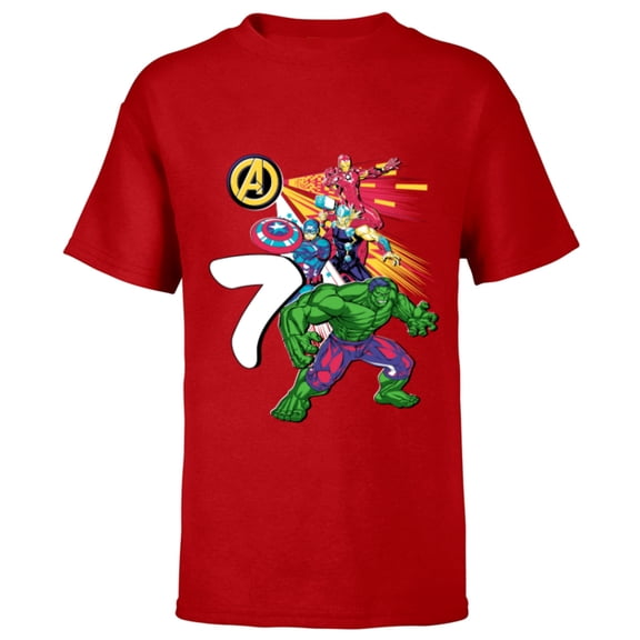 Marvel Super Heroes Avengers 7 Year Old Seventh Birthday - Short Sleeve T-Shirt for Kids - Customized-Red