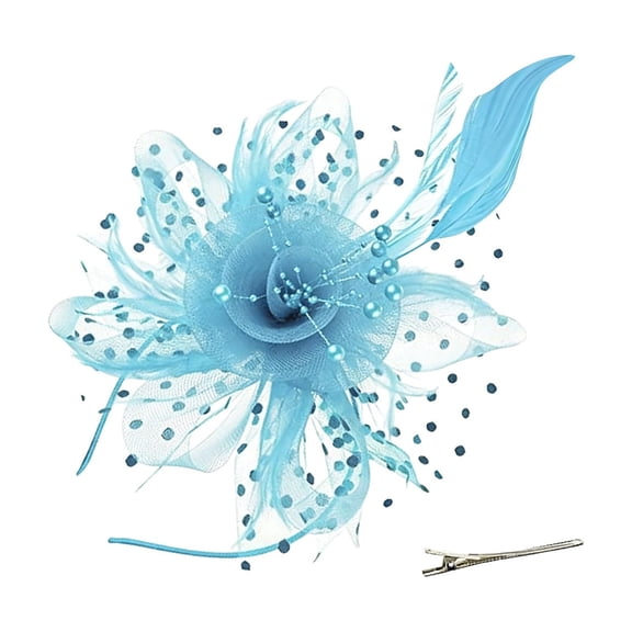 Light Blue Pearl Fascinator Headband for Women Vintage Fascinator Hat for Weddings Tea Party with Feathers Pearls Mesh