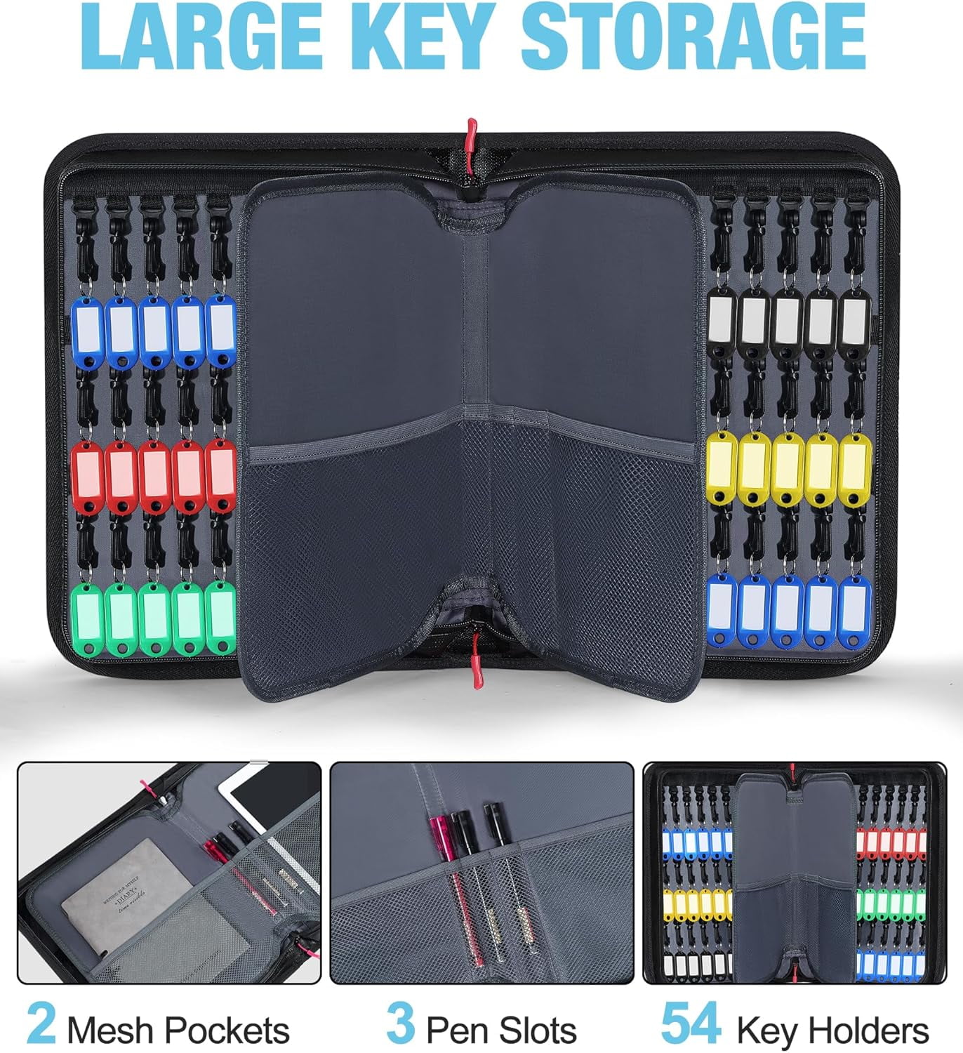 Key Organizer Case, Fireproof & Waterproof Key Bag with 54 Key Tags, Portable Key Storage Box for Estate Sales, Hotels, Office, Property Management, Handle & Shoulder Strap Included
