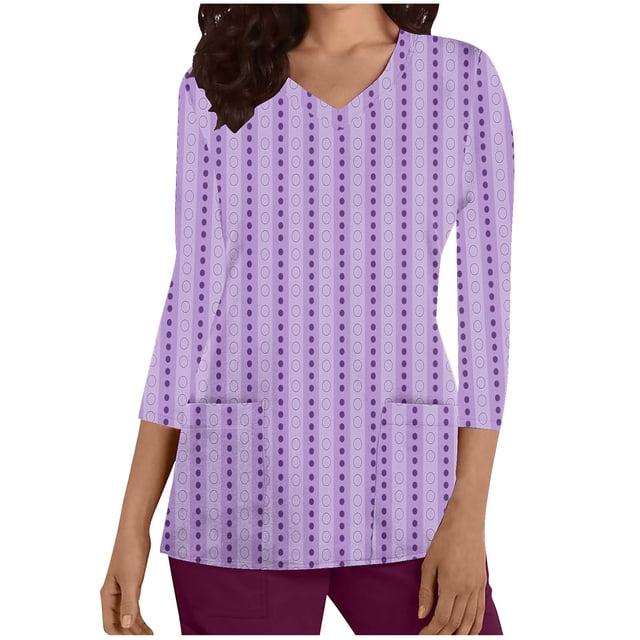 Cameland Nurse Uniforms for Women Cute Print 3/4 Sleeve Medical Scrub Tops V-Neck Stretch Tshirts Working Uniform with Pockets