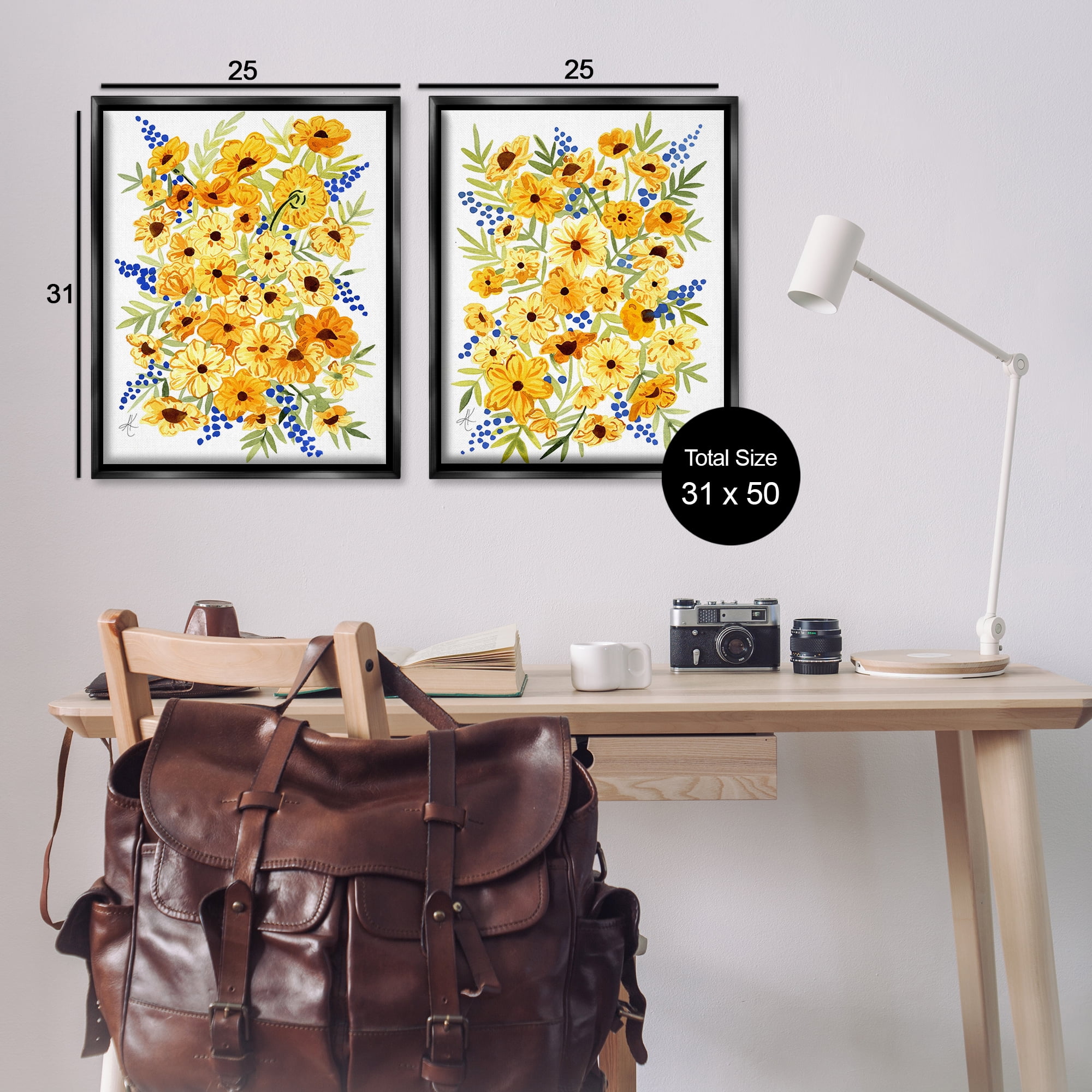 Stupell Industries Golden Cosmos with Blue Berries Plants & Flowers Painting Black Floater Framed Canvas Art Print Wall Art, 31 x 25, Set of 2