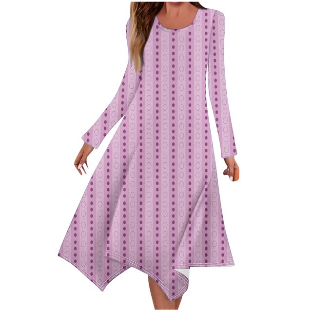 Long Dress with Sleeves,Summer Casual Dress,Ladies Fashion Printed Long Sleeved Round Neck Casual Irregular Dress