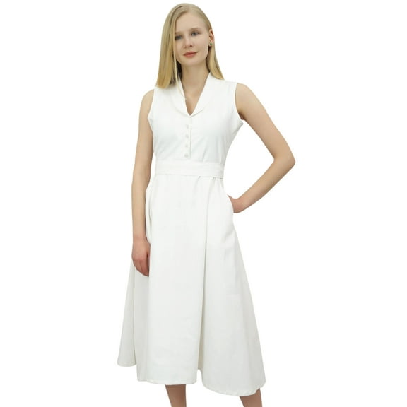 Phagun Women's Casual Solid White Sleeveless Cotton Simple Tunic Midi Dress-4