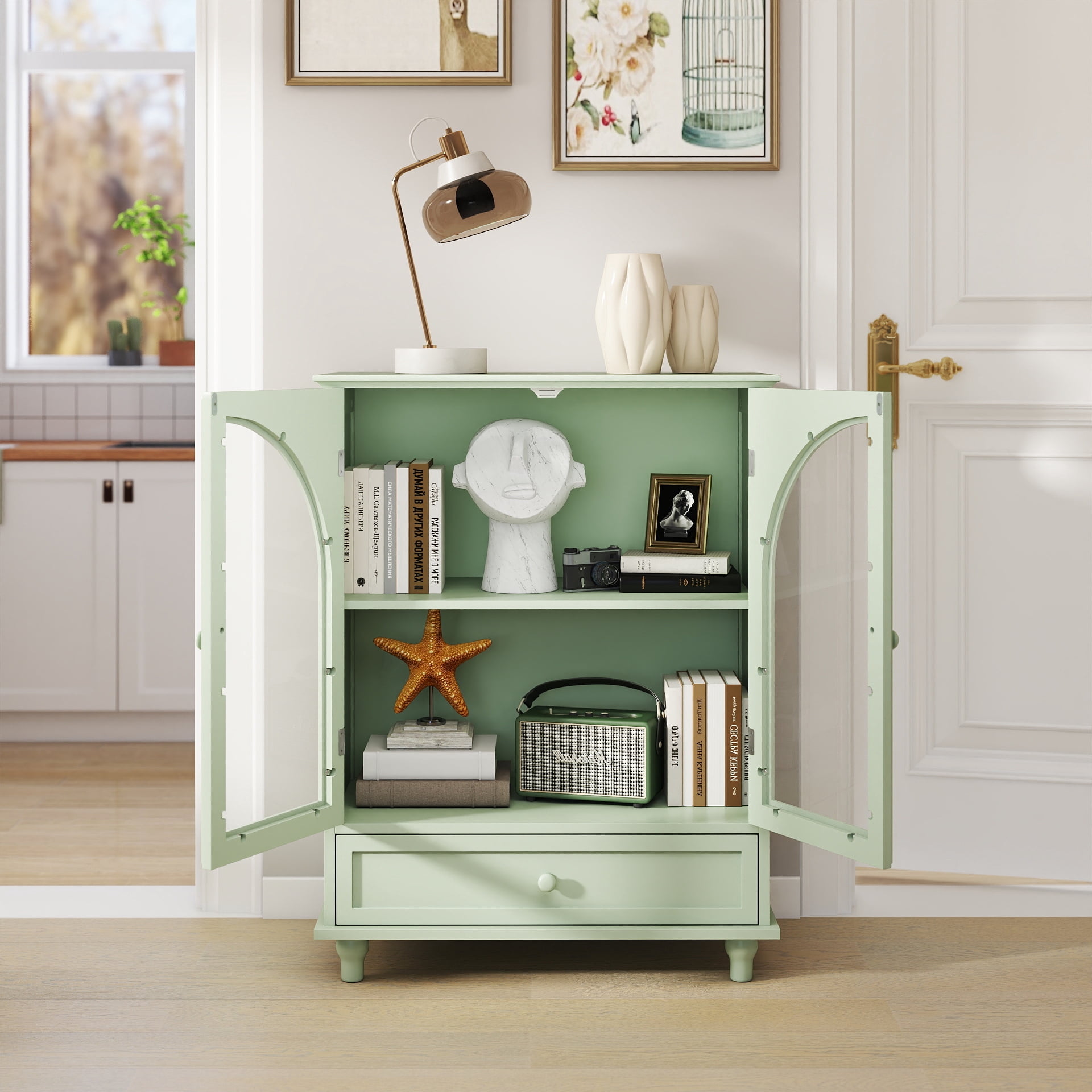 Farmhouse Sideboard with Double Arched Glass Doors, Green Storage Cabinet with Tiered Top & 1 Drawer for Kitchen, Living Room, Coffee Bar