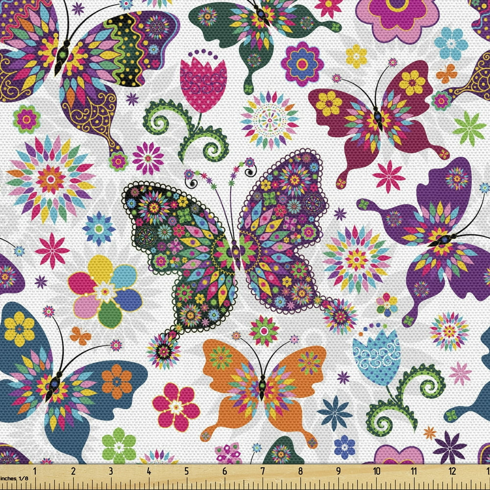 Butterfly Fabric by the Yard Sixties and Seventies Inspired Complex Image with Floral Elements