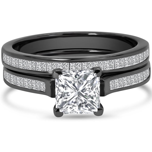 JeenMata Conjunto Nupcial de Moissanita de Corte Princesa de 2 Quilates - Conjunto Nupcial - Anillo con Engaste de Canal - Anillo Exclusivo - Oro Negro de 18 K sobre Plata