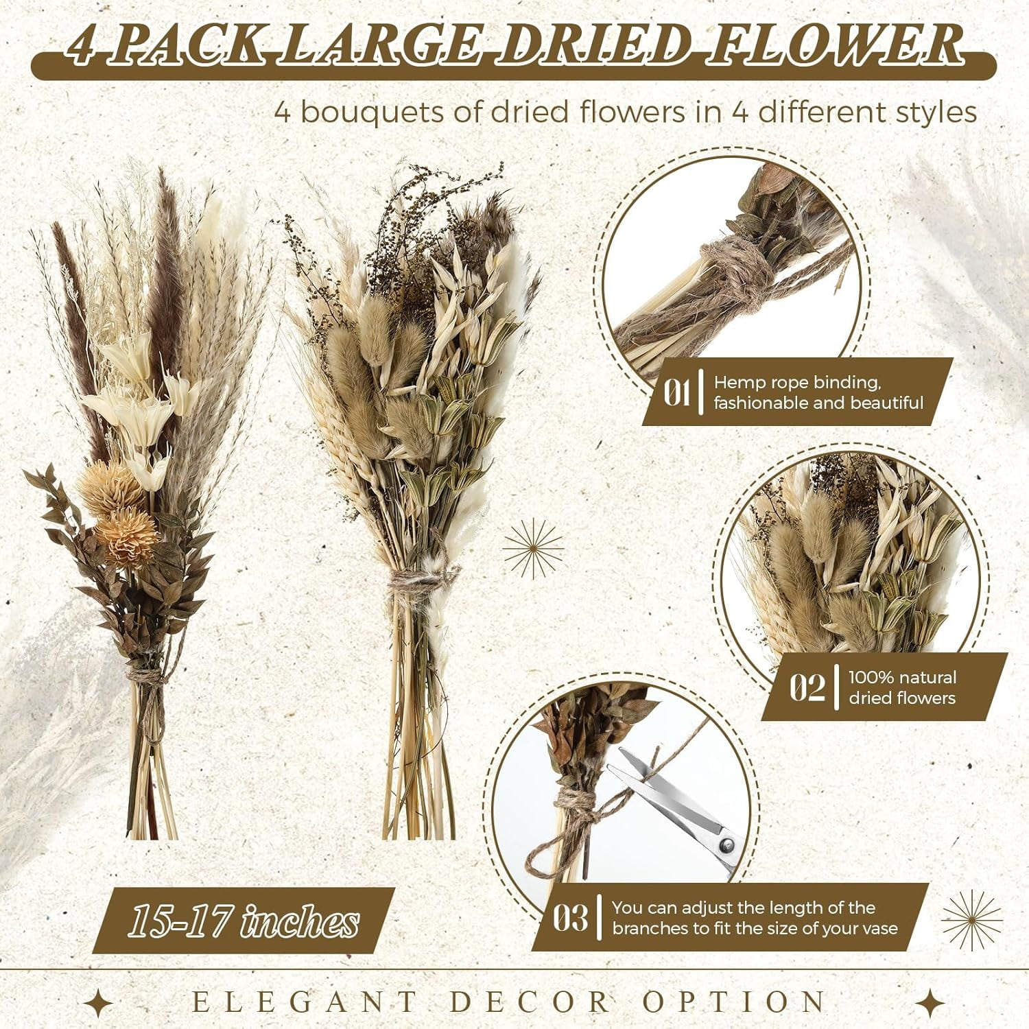 4 Pack Large Size Boho Dried Flower Bouquet 15-17 Inch Wedding Handmade Dry Flowers for Vase Crafts DIY Photo Boutonniere for Men Floral Plant for Bridesmaid Gift Birthday Decor(Classic)
