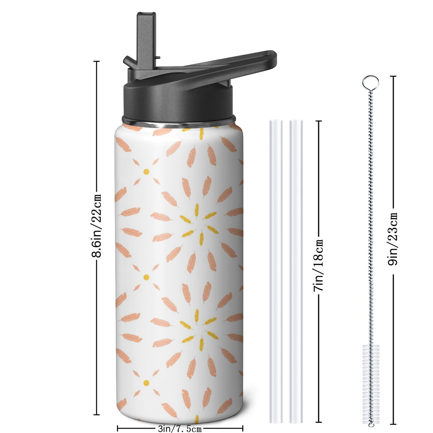 Modern 18 oz Insulated Stainless Steel Water Bottle with Straw & Cleaning Brush , Leakproof, BPA-Free, 304 Stainless Steel, Wide Mouth, Travel Mug for Car, Gym, Office