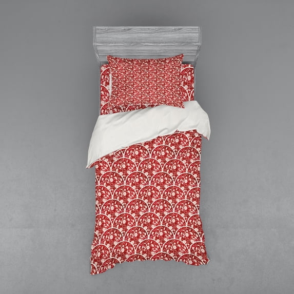 Floral Duvet Cover Set, Themed Traditional Motif with Curlicue Flowers and Peduncles, Bedding Set with Shams and Fitted Sheet, 3 Sizes, by Ambesonne