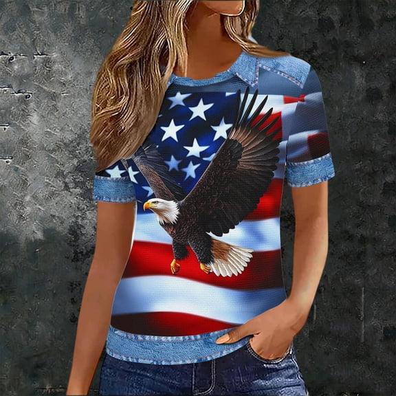 Vetsdori Women's 4th of July T Shirts Summer Short Sleeve Pullover American Red White and Blue , Casual Fashion Independence Day Red White and Blue Tops for Junior Graphic