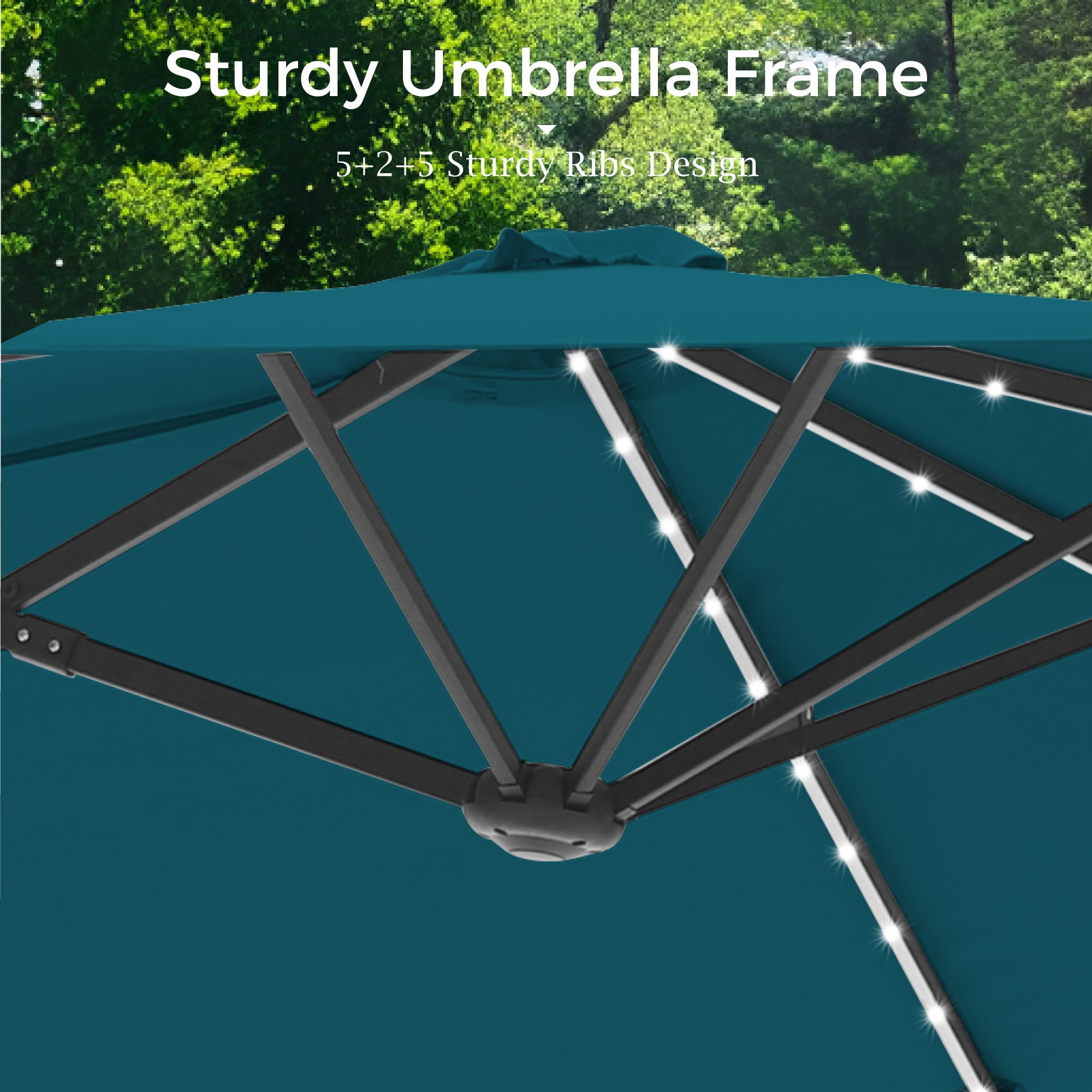 Alpha Joy 13ft Large Double-Sided Outdoor Patio Umbrella with Colorful Solar Lights, Cerulean