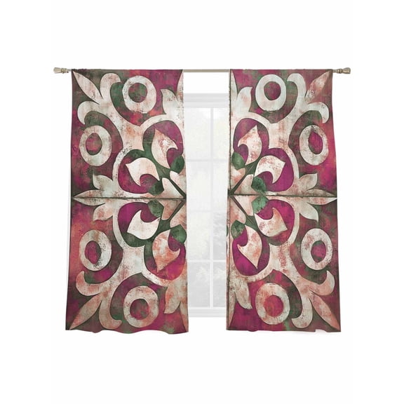 Modernism Flowers Sheer Curtains for Living Room Bedroom, Light-filtering Sheer Curtain, Simple National Style Rod Pocket Voile Window Treatment Drapes, 52’’Wx63’’L, 2 Panels Set