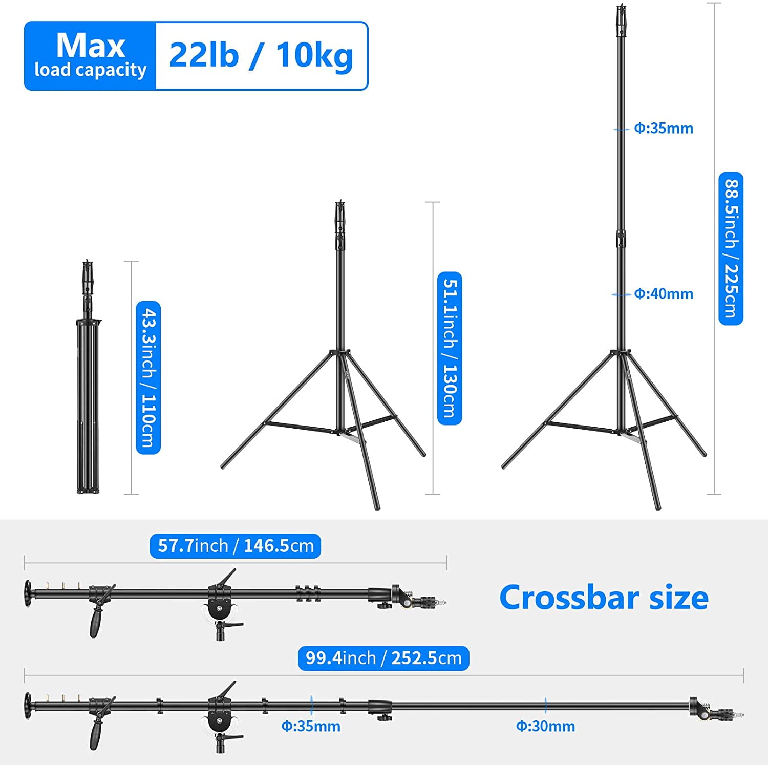 Neewer Photography Light Stand with Pro Boom Arm Load Up to 10KG 88.5/225CM Tripod Stand with 99.4/252.5CM Crossbar and Empty Sandbag for Monolight Strobe Softbox and Other Photography Equipment
