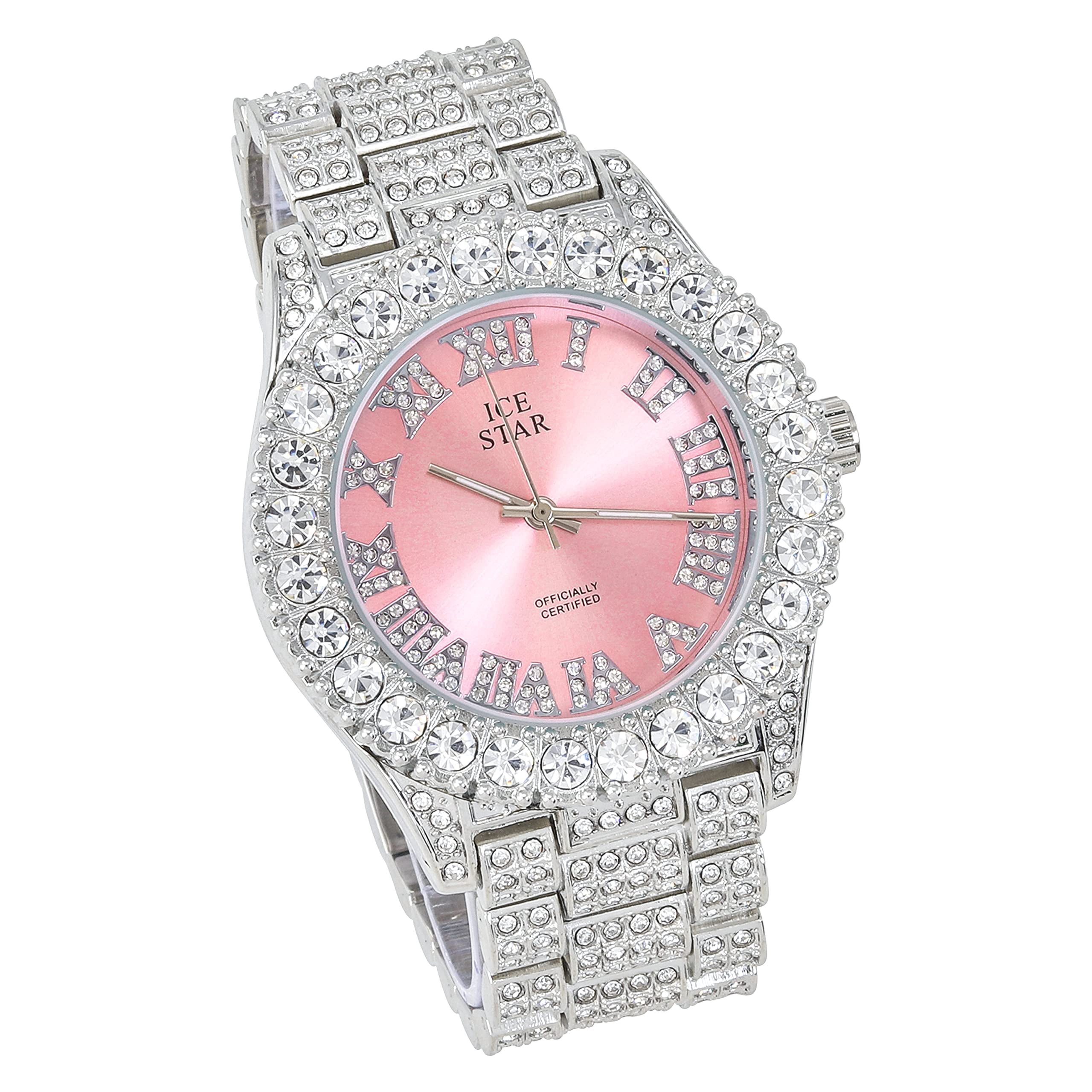 Women's 44mm Solitaire Bezel Watch - Bling-ed Out Adjustable Band - Silver Tone Finish with Ravishing Crystals - Simulated Diamond Watch with Roman Dial