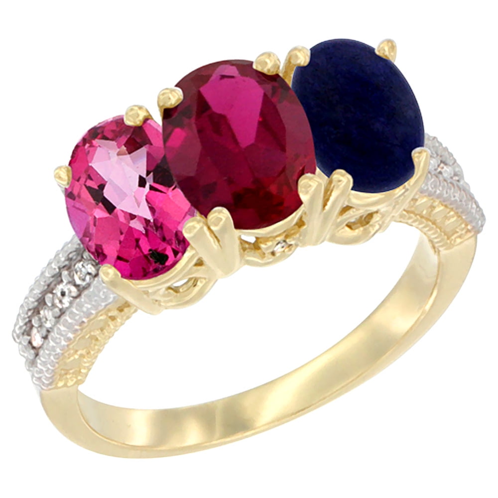 10K Yellow Gold Diamond Natural Pink Topaz, Enhanced Ruby & Lapis Ring 3-Stone 7x5 mm Oval, sizes 5 10 by WorldJewels