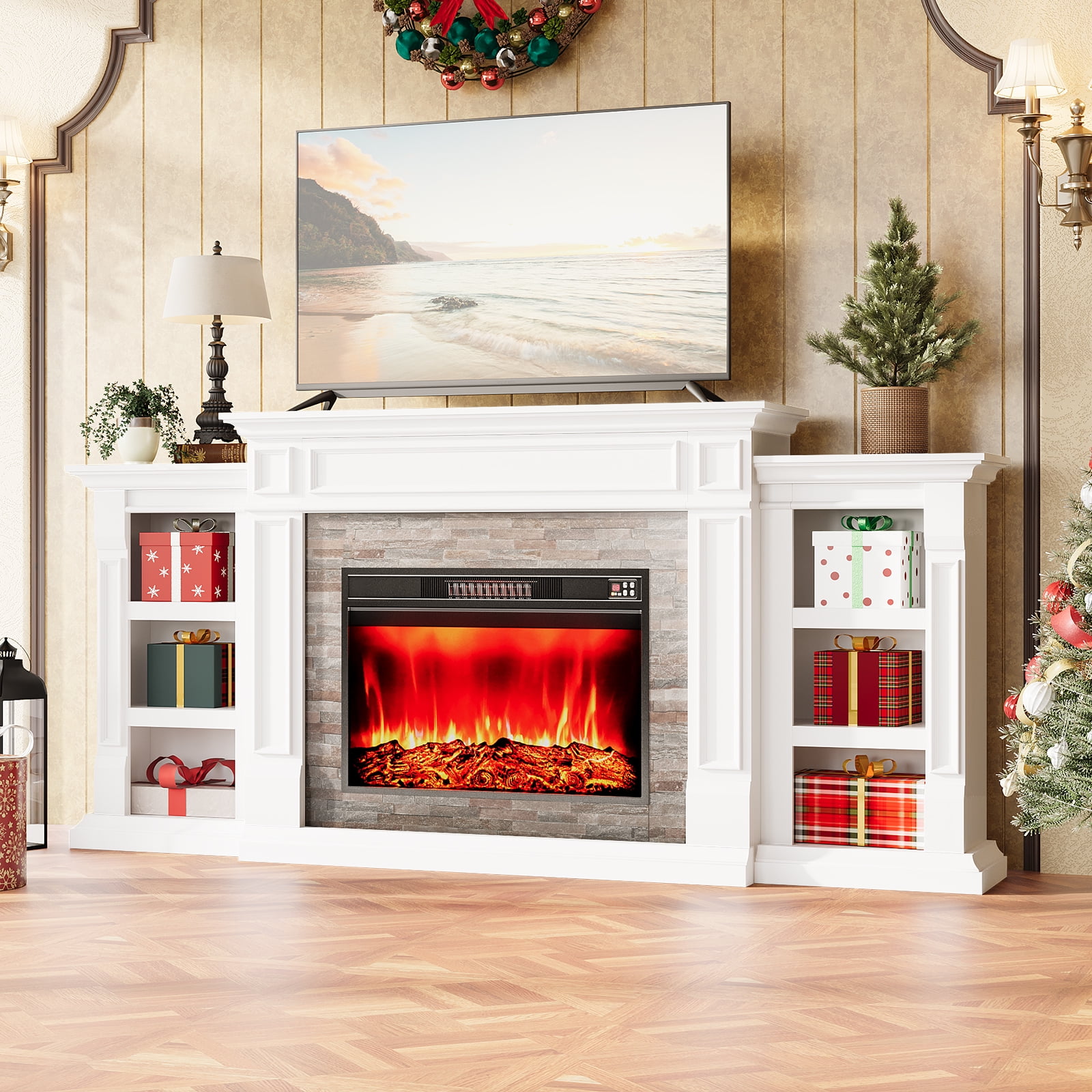 Electric Fireplace with 80" Mantel, Stacked Stone Surround with 30" Fireplace Insert, Adjustable Flame, Remote Control, White