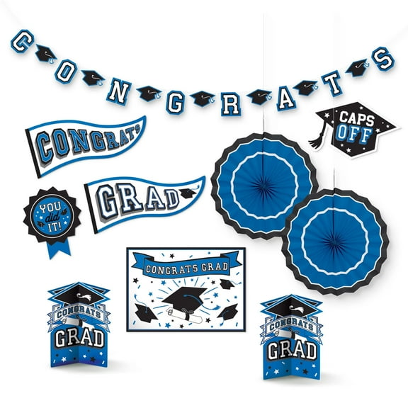 Graduation ROOM DECORATING KIT Blue Party Decoration Grad Wall Banner Table Centerpiece