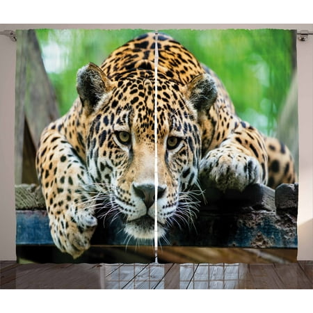 Jungle Basket - Jungle Curtains 2 Panels Set, South American Jaguar Wild Animal Carnivore Endangered Feline Safari Image, Window Drapes for Living Room Bedroom, 108W X 84L Inches, Orange Black Green, by Ambesonne